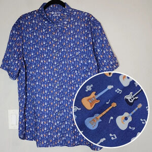Age Of Wisdom Modal Guitar Printed Blue Short Sleeve Button Down Shirt XL new